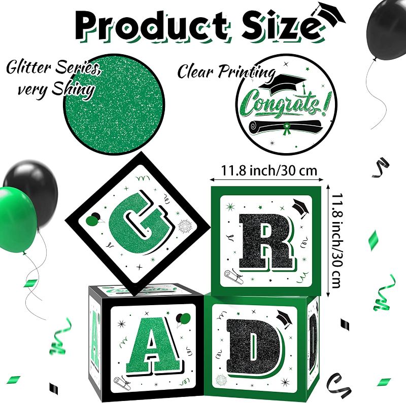 Photo 1 of 2022 Graduation Party Decorations 4 Pieces Graduation Balloon Boxes with GRAD and Congrats Letter Cap Graduation Decorations Class of 2022 Grad Party Decoration Supplies (Black Green)
