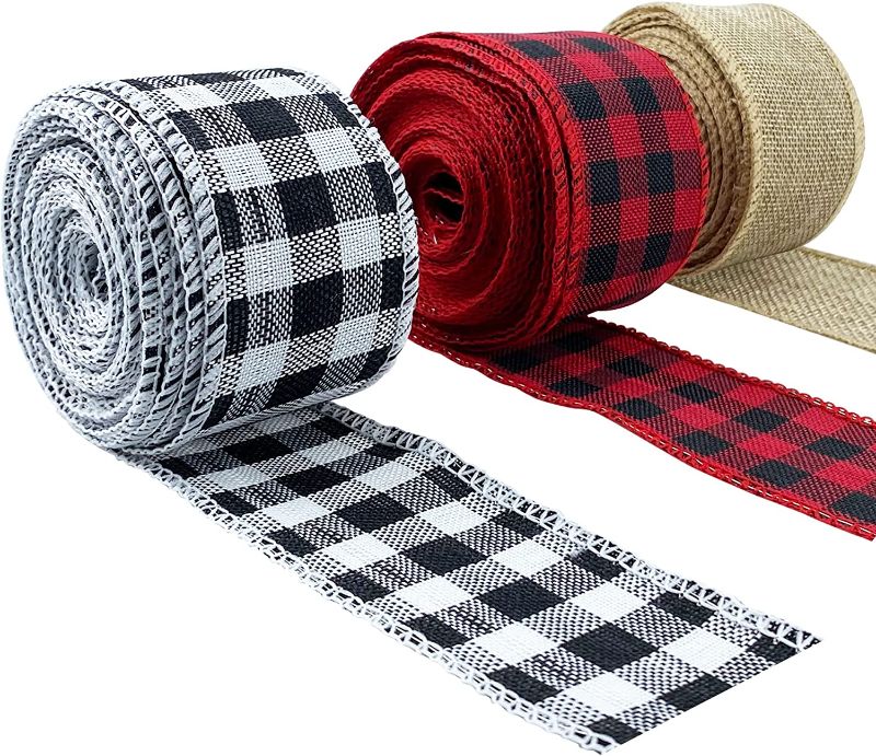 Photo 1 of 3 Rolls Christmas Wired Edge Ribbons, Black Red Plaid Ribbon, Black White Buffalo Plaid Ribbon and Burlap Craft Ribbon for DIY Wrapping Gifts,Christmas Thanksgiving Wedding Crafts
