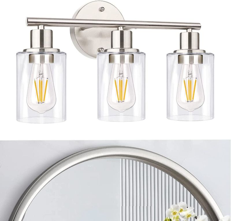 Photo 1 of 3 Light Bathroom Vanity Wall Light, Brushed Nickel Farmhouse Wall Light, Bathroom Light fixtures Over Mirror, Porch, Living Room, Bedroom, Hallway Light Fixture (E26 Base)
