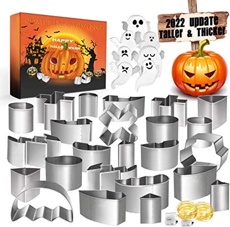 Photo 1 of 43 PCS Pumpkin Carving Kit for Kids Adults, Halloween Pumpkin Easy Made Stencils, Stainless Steel Pumpkin Safe Carver Tools Kits - 2022 Version (20 Pcs with 2 String Lights & 21 Ghost Stickers)
