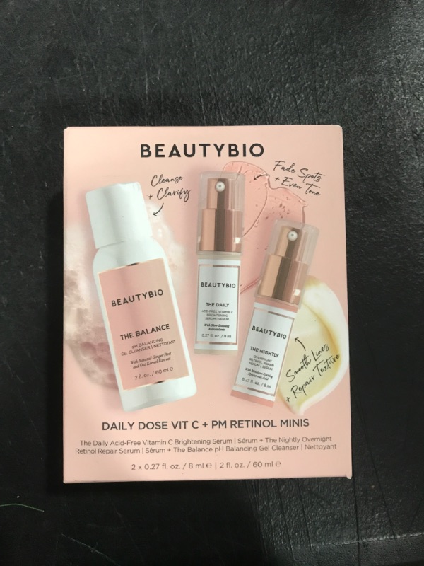 Photo 1 of BeautyBio AM/PM Mini Set: Daily Dose Vit C + PM Retinol + Balance Cleanser, 1 ct. https://a.co/d/0zKoU4e