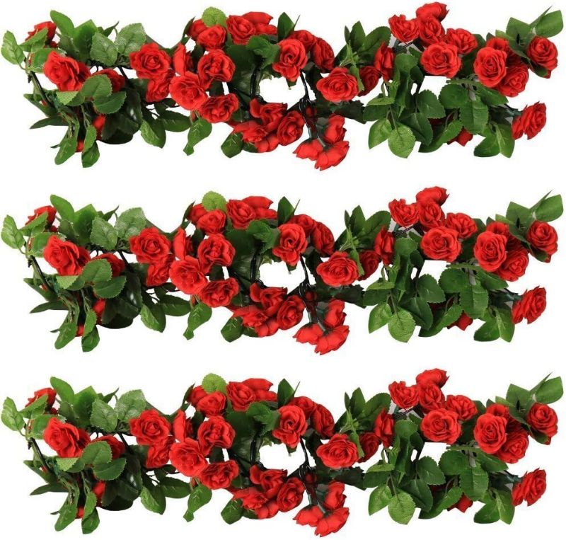 Photo 1 of YILIYAJIA 3PCS Artificial Rose Garlands Silk Fake Rose Flowers Green Leaves Vine for Home Hotel Office Wedding Party Garden Craft Art Decor (Red Color) 