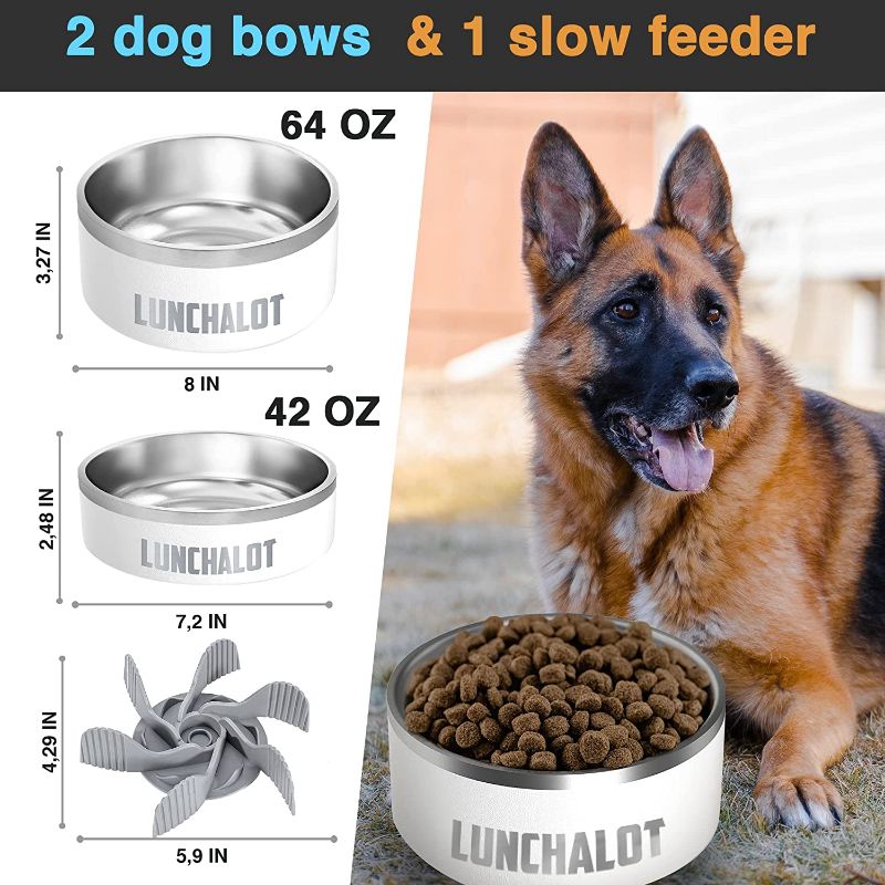 Photo 2 of Stainless Steel Dog Bowls Medium Sized Dog - Water and Food Bowls for Slow Eating & Drinking by LUNCHALOT - White Insulated Slow Feeder Dishes - Outdoor Non Slip Metal Bowls for Big Breed