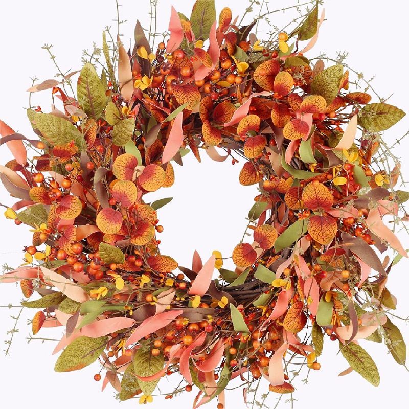 Photo 1 of 16 Inch Fall Door Wreath Autumn Harvest Wreaths with Berries Fall Foliage Artificial Fall Wreaths for Front Door Outside Farmhouse Festival Thanksgiving Halloween Decor Orange