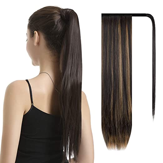 Photo 1 of BARSDAR 26 inch Ponytail Extension Long Straight Wrap Around Clip in Synthetic Fiber Hair for Women - Dark Brown mix Strawberry Blonde Unevenly Evenly
