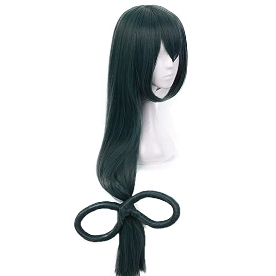 Photo 1 of ANOGOL Hair Cap+Anime Cosplay Wig Dark Green Long Straight Synthetic Hair With Bow Wigs, Long Green Wig For Anime Cosplay Women, Colored Wigs Pelucas De Colores For Halloween Costume
