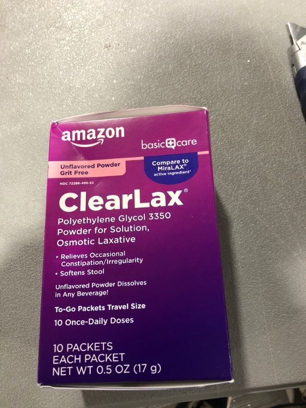 Photo 2 of Amazon Basic Care ClearLax, Polyethylene Glycol 3350 Powder for Solution, Osmotic Laxative, 0.5 Ounce each, 10 Count (Pack of 1)