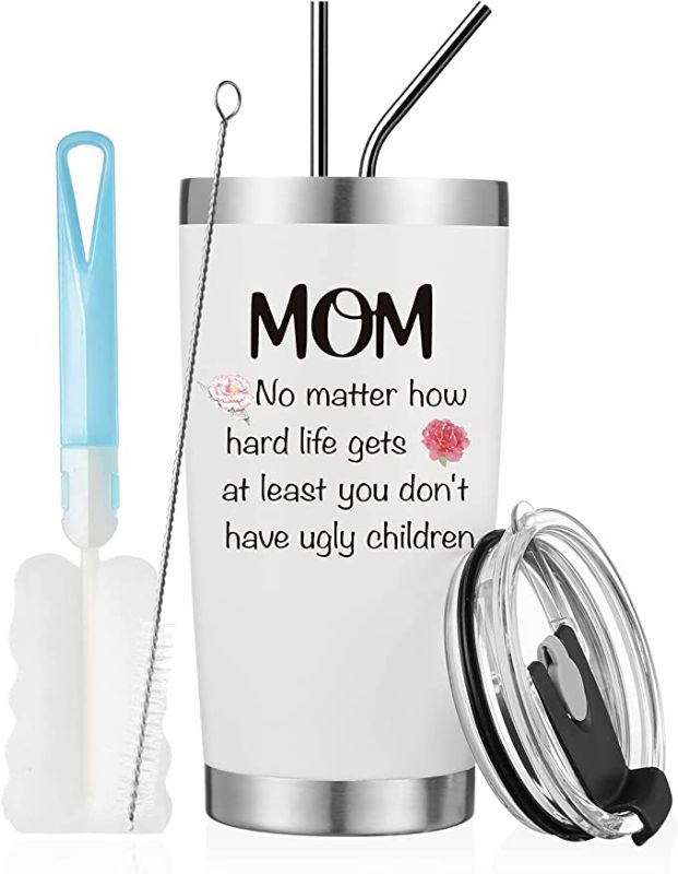 Photo 1 of 20oz Tumblers Gifts for Mom Women Christmas Gift, No Matter How Hard Life,Ugly Children from Daughter,Son, Birthday Gift for Wife,Mother,Funny Gift Insulated White Travel Tumblers with Lid and Straw
