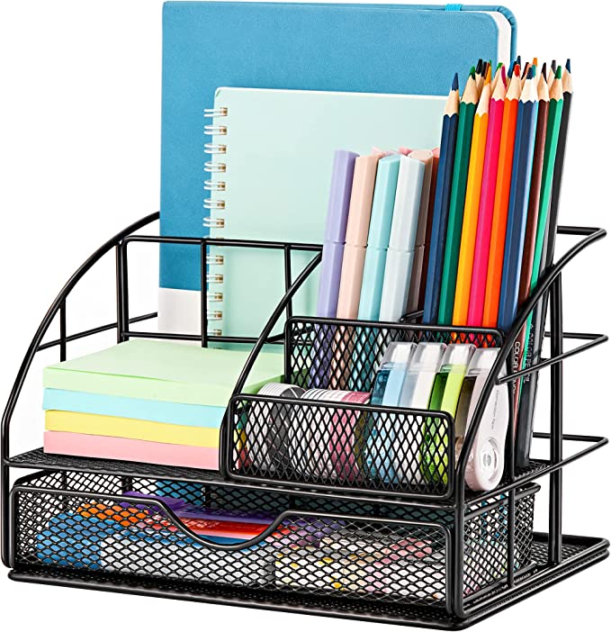 Photo 1 of JARLINK Desk Organizer with Drawer, Multi-Functional Metal Mesh Desk File Organization, Large Capacity Storage Caddy for Makeup, Decor, Home, Bathroom, Desktop Office Supplies (Black)
