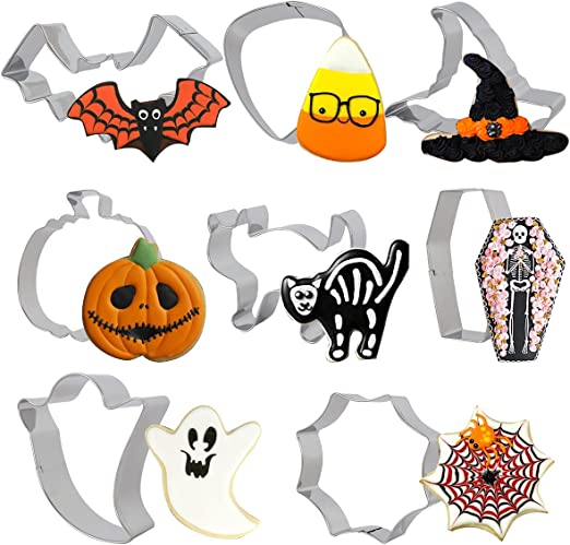 Photo 1 of 8 Pieces Halloween Cookie Cutters Set Thanksgiving Stainless Steel Biscuit Molds - Pumpkin, Ghost, Bat, Spider Web, Cat, Witch Hat, Pumpkin Skull, Coffin Biscuit Fondant Cutters