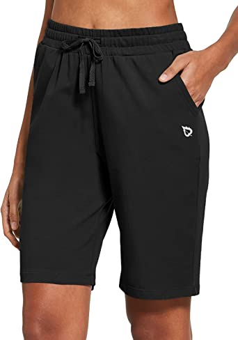 Photo 1 of BALEAF Women's Bermuda Shorts Long Cotton Casual Summer Knee Length Pull On Lounge Walking Exercise Shorts with Pockets
