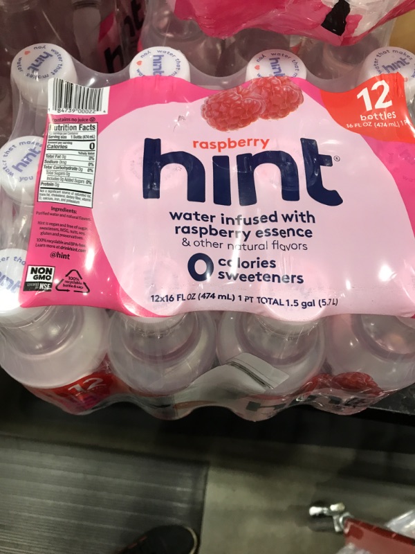 Photo 2 of Hint Water Raspberry (Pack of 12), 16 Ounce Bottles, Pure Water Infused with Raspberry, Zero Sugar, Zero Calories, Zero Sweeteners, Zero Preservatives, Zero Artificial Flavors
EXP 08/18/23