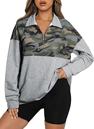 Photo 1 of Aleumdr Women Casual Long Sleeve 1/4 Zipper Color Block Sweatshirts Stand Collar Pullover Tunic Tops with Pockets 
SIZE M