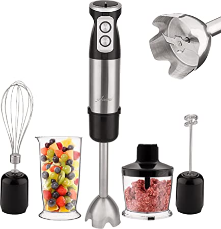 Photo 1 of 5 in 1 Handheld Immersion Blender, Anti-Splash Stick Blender with a Milk Frother, Egg Whisk, Food Grinder, and Blending Container, Hand Held Blender for Smoothies, Baby Food, Coffee, and Baking
