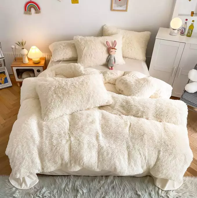 Photo 1 of  Fluffy Comforter Cover Bed Set Faux Fur Fuzzy Duvet Cover Set Luxury Ultra Soft Plush Shaggy Duvet Cover, Color: Beige, 1 Fluffy Blanket, 1 Light Throw Fleece, Heart Shaped Pillow, 2 Fluffy Pillow Cases
