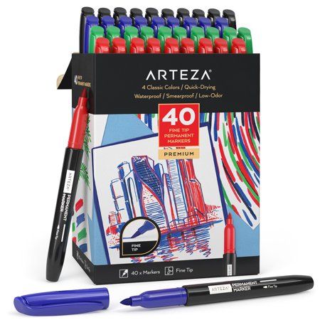 Photo 1 of Arteza Set of 40 Permanent Markers Classic Primaries 4 Assorted Colors: Black Red Green Blue Acrylic Fine Nib