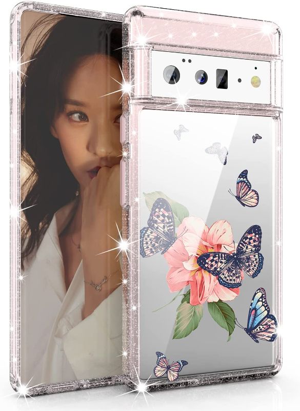 Photo 1 of Compatible with Pixel 6 Case,Clear Glitter Flower Floral Butterfly Hybrid Hard PC+Back Soft TPU Bumper Shockproof Protective Girls Women Case for Pixel 6 2021,Butterfly Flower 