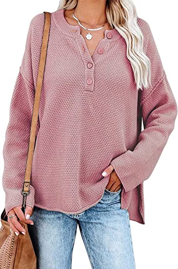 Photo 1 of Cisisily Women's Long Sleeve Sweater Casual V Neck Dropped Shoulder Pullover Waffle Knit Tops size Large Pink