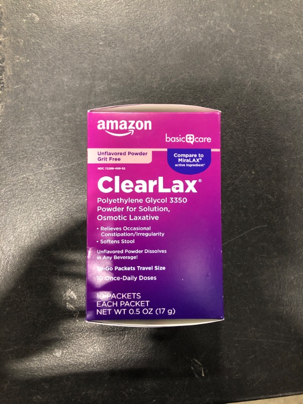 Photo 2 of Amazon Basic Care ClearLax, Polyethylene Glycol 3350 Powder for Solution, Osmotic Laxative, 0.5 Ounce each, 10 Count (Pack of 1) Expires 04/2023 