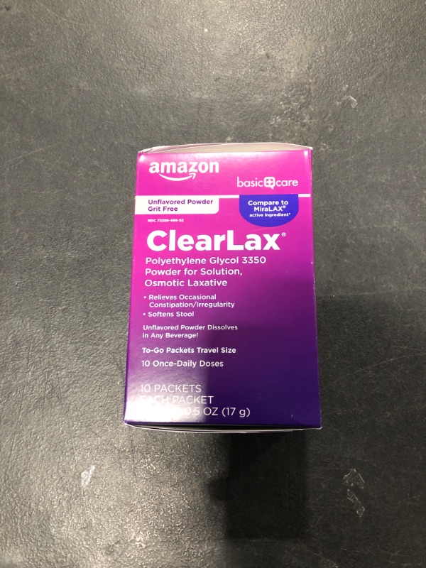 Photo 2 of Amazon Basic Care ClearLax, Polyethylene Glycol 3350 Powder for Solution, Osmotic Laxative, 0.5 Ounce each, 10 Count (Pack of 1) Expires 04/23