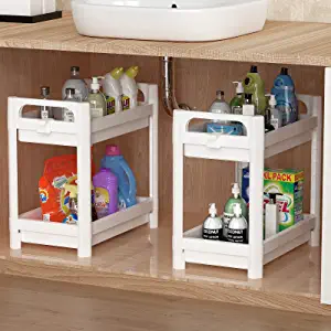 Photo 1 of 2 Pack Under Sink Organizer, SOYO 2-Tier Bathroom Cabinet Under Shelf Storage Standing Rack Organization, Kitchen Collection Baskets with Handle Hooks for Office Laundry Spice Countertop, White
