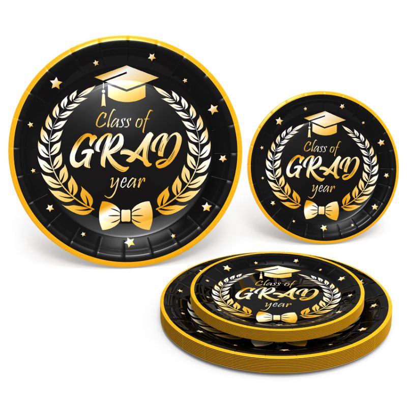 Photo 1 of 2023 Graduation Party Supplies, Graduation Party Decorations 2023, Disposable Dinnerware Set Graduation Paper Plates Congrats Grad! Including 24 Pcs Dinner Plates and Dessert Plates Serves 24 Guests 24guests Black(No tablecloth)