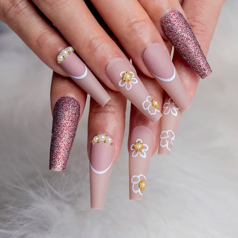 Photo 1 of 24Pcs Press on Nails Long - Fake Nails with Rhinestone Flowers Design Acrylic French Tip Press on Nails Full Cover with Glue for Women and Girls (2344 pearl) 