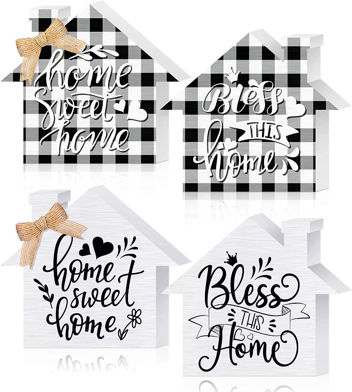 Photo 1 of 2 Pieces Farmhouse Tiered Tray Decor Buffalo Plaid Decor Farmhouse Double Sided Home Sweet Home Sign Rustic Wooden Block Signs with Sayings Black and White Buffalo Plaid Decor Farmhouse 6 x 5 Inch 