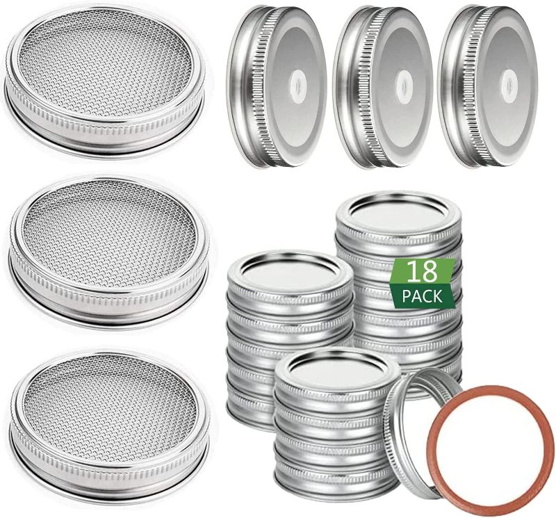 Photo 1 of 3 Pcs Sprouting Lids for Regular Mouth, 18 Set Mason Jar Lids and Rings Regular Mouth, 3 Pcs Canning Lids with Straw Hole Small Mouth, 70mm 