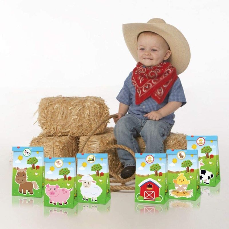 Photo 1 of 24pcs Farm Animals Party Bags,Cow Paper Treat Bags,Chick Gift Goodie Bags,Farm Party Favor Bags with 36pcs Farm Paper Stickers 