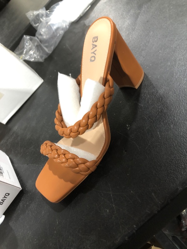 Photo 2 of Braided Heeled Sandals for Women - Square Toe Chunky Block Heels Womens Strappy Sandals Slip on Mules Slide Shoes 9.5 Brown