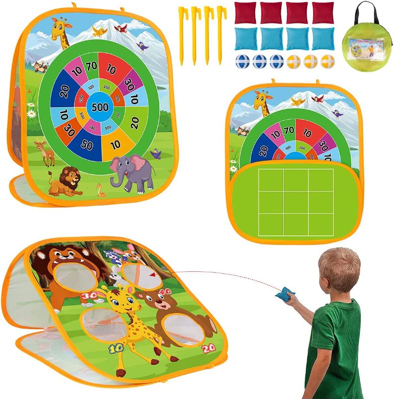 Photo 1 of 3 in 1 Bean Bag Toss Game Set for Kids, Outside Toys for Kids Toddlers Ages 3-5 4-8 4-7, Collapsible Cornhole and Dart Board with 8 Bean Bags, Crab & Turtle Themed, Birthday Gift for Boys Girls
