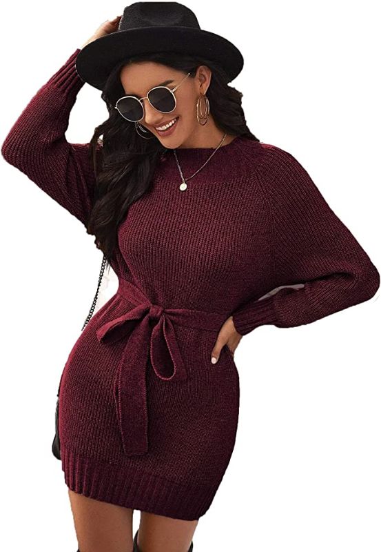 Photo 1 of DAMOO Women's Autumn Winter Mock Turtleneck Long Sleeve Knit Stretchable Elasticity Bodycon Pullover Sweater Dress with Belt SIZE M