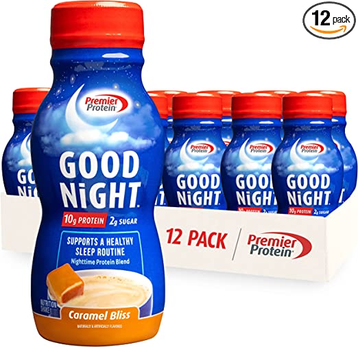Photo 1 of Premier Protein Good Night Protein Shake, Caramel Bliss, 10g Protein, 2g Sugar, 12 Vitamins & Minerals, Nighttime Protein Blend, Magnesium, Zinc, 8.75 fl oz, 12 Pack EXP 12/2023

