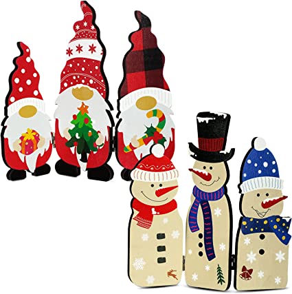 Photo 1 of 2 Sets Christmas Decorations Wood Snowman Tabletop Sign Rustic Folding Triple Snowman Fireplace Screen Wooden Tabletop Ornament Gnome Tabletop Mantle Centerpiece for Indoor Home Christmas Decor 