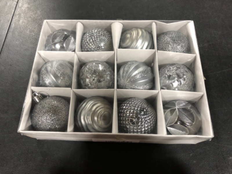 Photo 2 of 2.36"/60mm Christmas Balls Ornaments, Small Shatterproof Plastic Christmas Tree Decorations, Decorative Hanging Baubles for Christmas Holiday Wedding Party - 12 Pieces, Grey