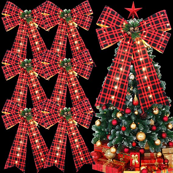 Photo 1 of 6 Pieces Christmas LED Buffalo Plaid Bow Tree Topper Large Wreath Red and Black Ornaments with Warm Lights Xmas Decoration for Indoor Outdoor Decorations, 22 Inch
