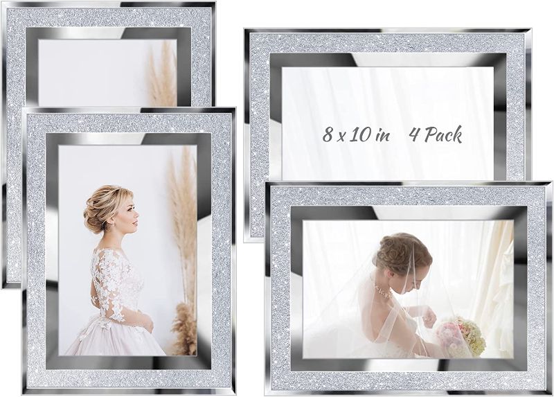 Photo 1 of 4 Packs Christmas Silver Picture Frames Crystal Silver Glitter Mirror Picture Frame Glass Display Vertically or Horizontally Photo Frame Decor for Christmas Wedding Home Table(8 x 10 Inch)