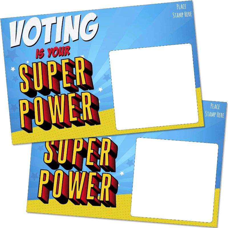 Photo 1 of 100 Bulk Voter Postcards 4x6” - Voting is Your Superpower Superhero Theme - Uncoated Cardstock for No Smearing and Blank Backside of Card to Write a Longer Message to Voters