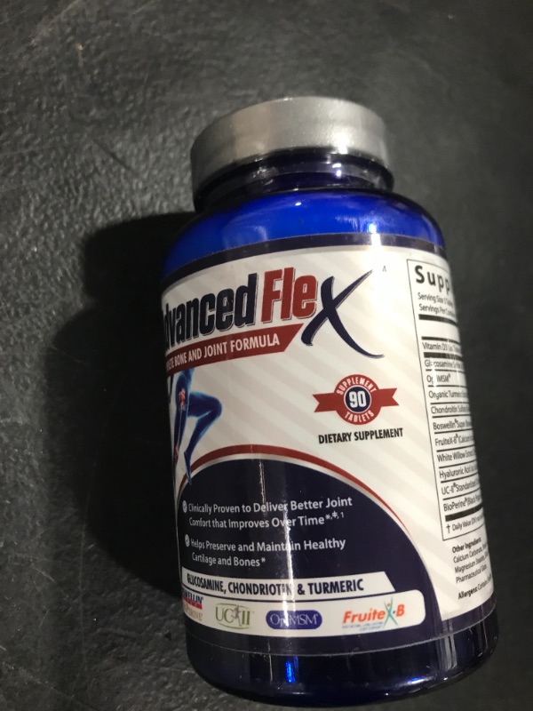 Photo 2 of Advanced Flex Clinical Strength Joint Supplement with Vitamin D,UC II, Fruitex-B, and Boswellin Super, Turmeric Curcumin, OptiMSM, Glucosamine, Chondroitin and Hyaluronic Acid, 90 Tablets
UNKNOWN EXPIRE DATE