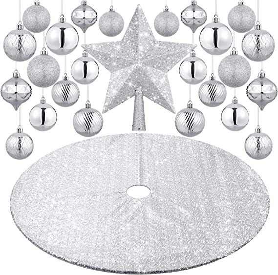 Photo 1 of 27 Pieces Christmas Tree Decoration Set, Christmas Star Tree Topper 25 Christmas Ball Ornaments and 48'' Christmas Sequin Tree Skirt for Holiday Xmas Tree Decoration (Silver) https://a.co/d/j37XJ00