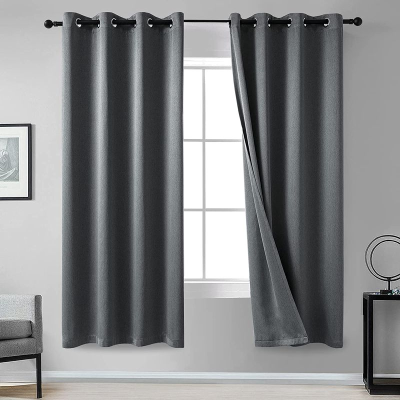 Photo 1 of 100% Blackout Curtain for Bedroom Grey Linen Textured Thermal Insulated Privacy Protect Grommet Drapes for Living Room Home Decor, W 52 x L 63 Inch, 1 Panel, Dark Gray
