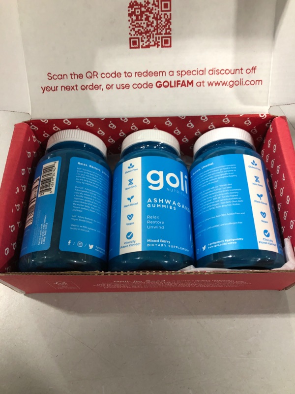 Photo 2 of (3 PACK) Goli Ashwagandha & Vitamin D Gummy - 180 Count - Mixed Berry, KSM-66, Vegan, Plant Based, Non-GMO, Gluten-Free & Gelatin Free Relax. Restore. Unwind.
