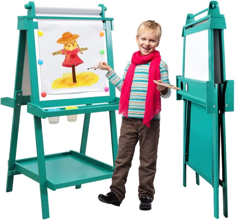 Photo 1 of Easel for Kids, JUZBOT Deluxe Wooden Standing Kids Easel with Paper Roll& 84PCS Accessories Foldable Without Disassembly Magnetic Chalkboard& Whiteboard Kids Art Easel for 3 4 5 6 7 8 Year Old
