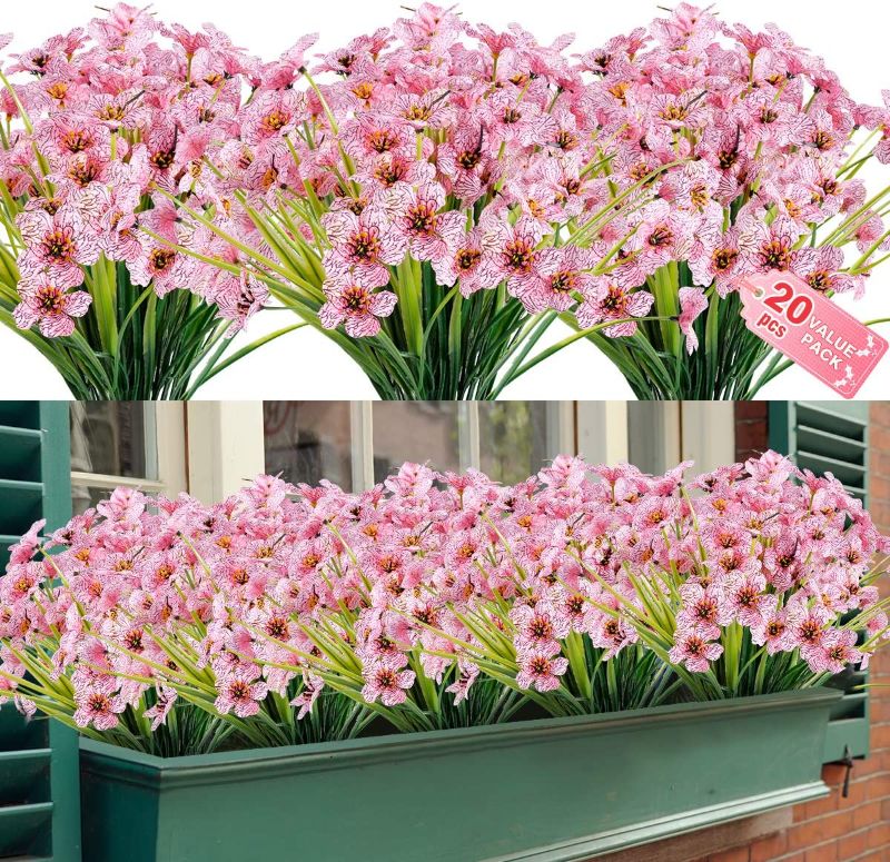 Photo 1 of 20 Bundles Artificial Outdoor Flowers UV Resistant Fake Flowers No Fade Faux Plastic Greenery Shrubs Garden Porch Window Box Decorating(Pink)
