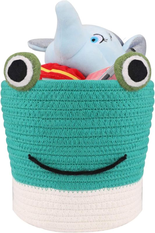 Photo 1 of Cute Baby Gift Basket Small Cotton Rope Basket | LONTAN Frog Design Woven Basket Collapsible Baby Room Basket Cute Storage Bin for Candy, Pen, Toys, Green, 8''X7''
