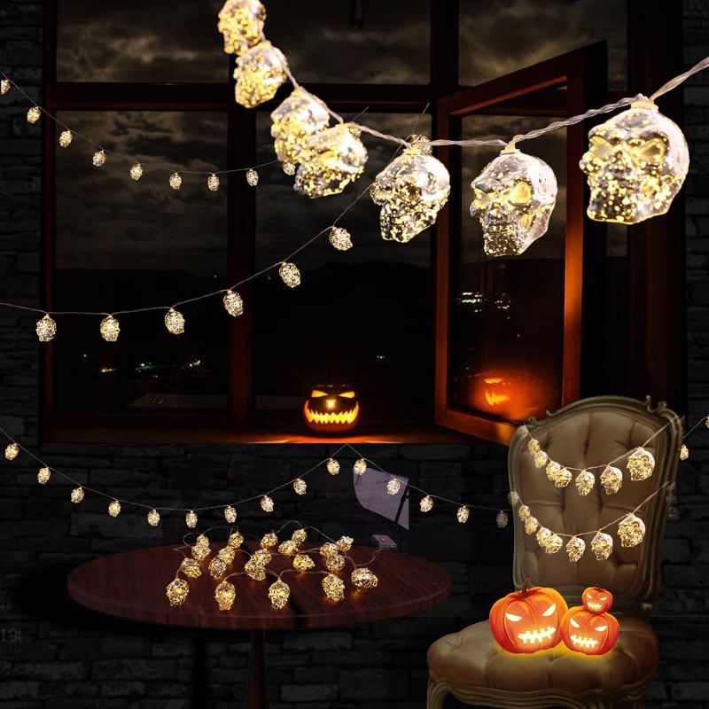 Photo 1 of 20 LED Halloween String Lights,9.8ft Orange Lights Halloween Battery Operated String Lights for Bedroom Outdoor Halloween Decorations Indoor?2 Modes Flash/Steady Skull?
