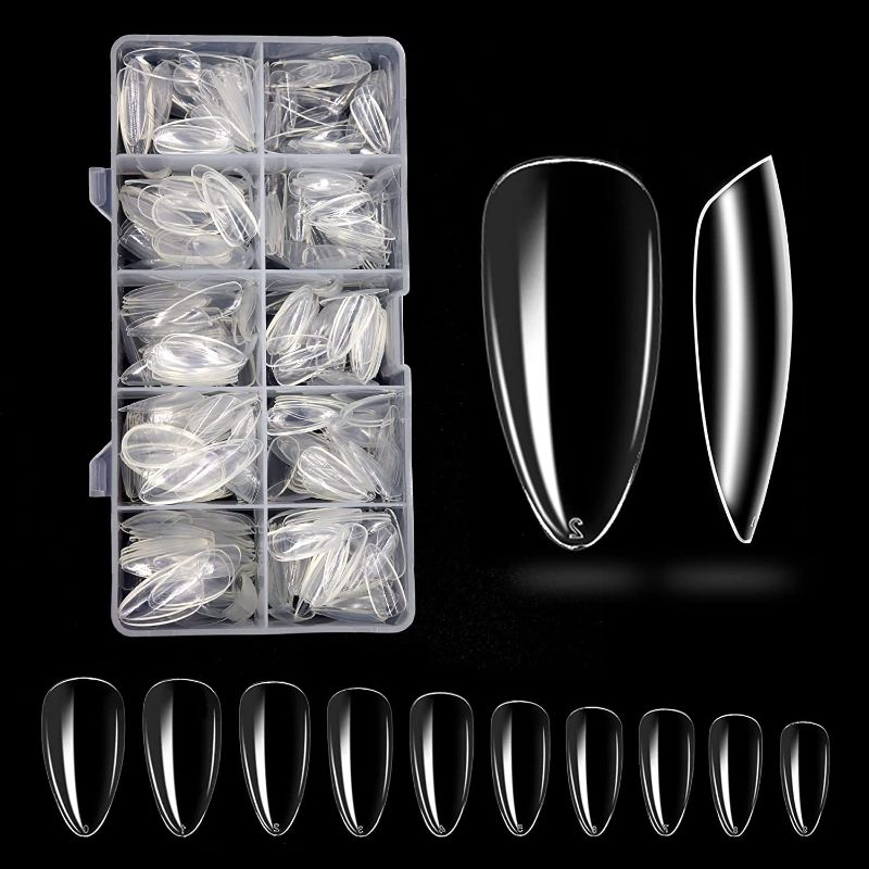 Photo 1 of 500PCS Clear Almond False Nail Tips, Fluffizz Full Cover Acrylic Artificial Nails Almond Nail Tips, Professional Fake Nail Tips Medium Almond Pointed Shaped False Nails for Women Nail Art Salons and Home DIY, 10 Sizes with Box(Medium Almond - Clear)
