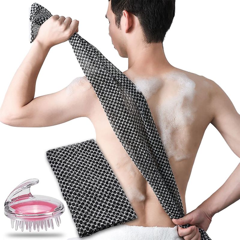 Photo 1 of 1pc Exfoliating Bath Washcloth Long Shower Back Scrub Towel with 1pc Scalp Brush for Body Cleaning 