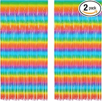 Photo 1 of 2 pieces of 3.2 feet 8.2 feet rainbow gradient colorful metal foil tassel curtain color metal metal tin curtain background suitable for Christmas party birthday party baby shower party decoration